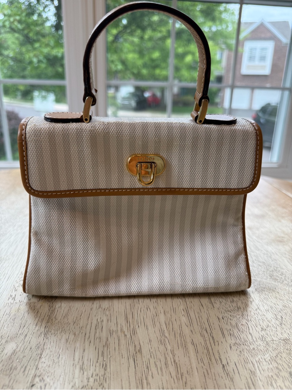 Vintage Fendi Cream and Tan Striped Canvas Top-Handle Satchel